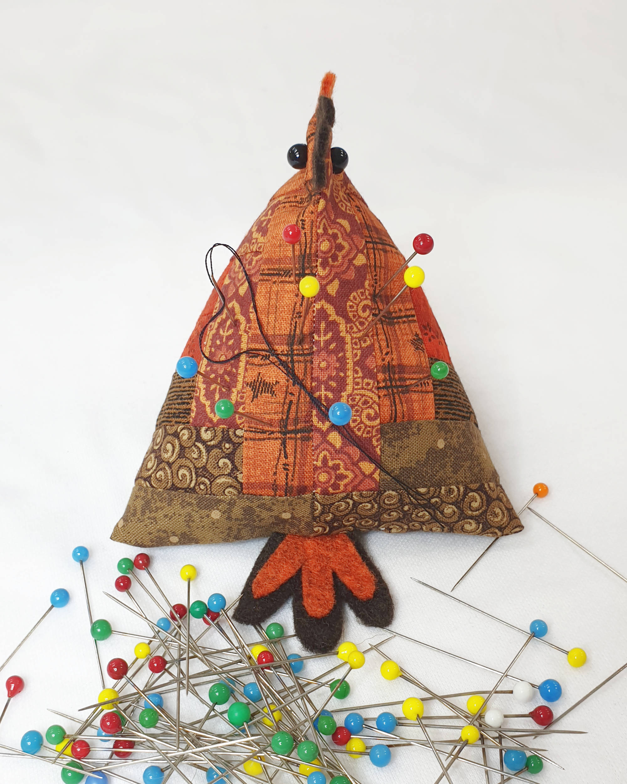 Orange and brown chicken pin cushion - Rear view showing tail