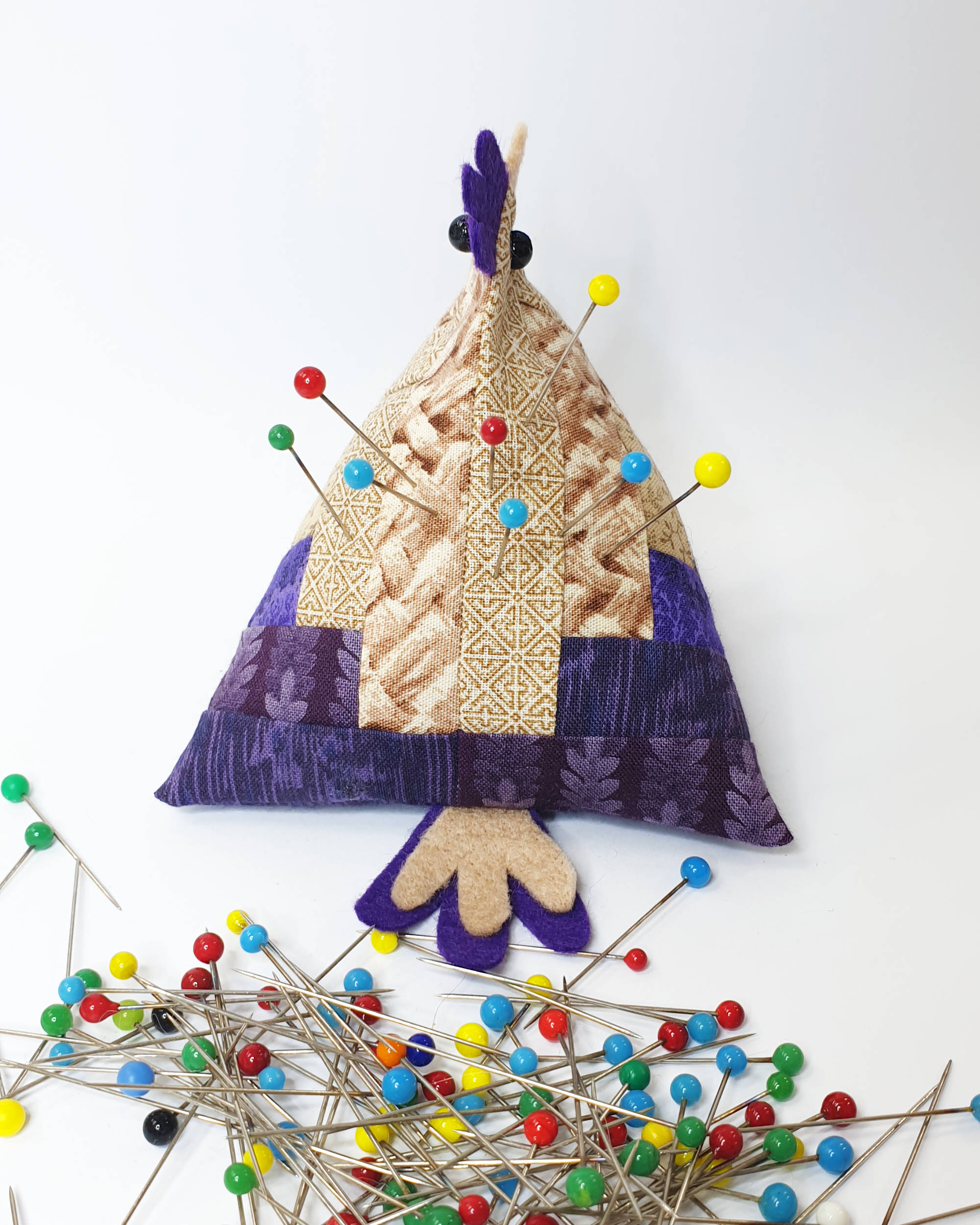 Tan and purple chicken pin cushion - Rear view showing tail
